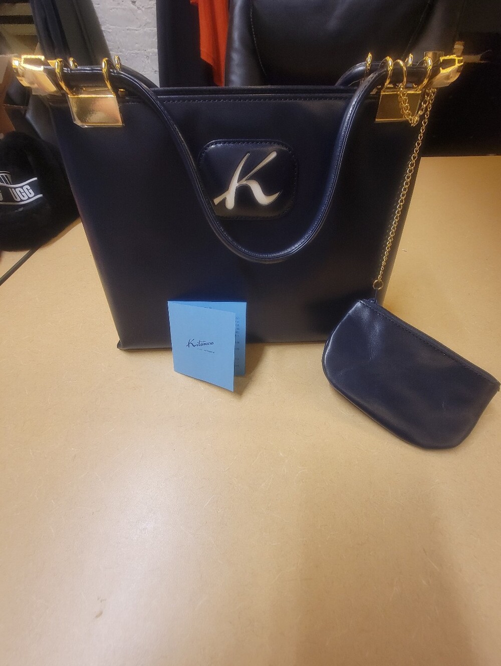 Vintage Kitamura Motomachi Navy Leather Handbag Gold Hardware K Logo Coin Purse